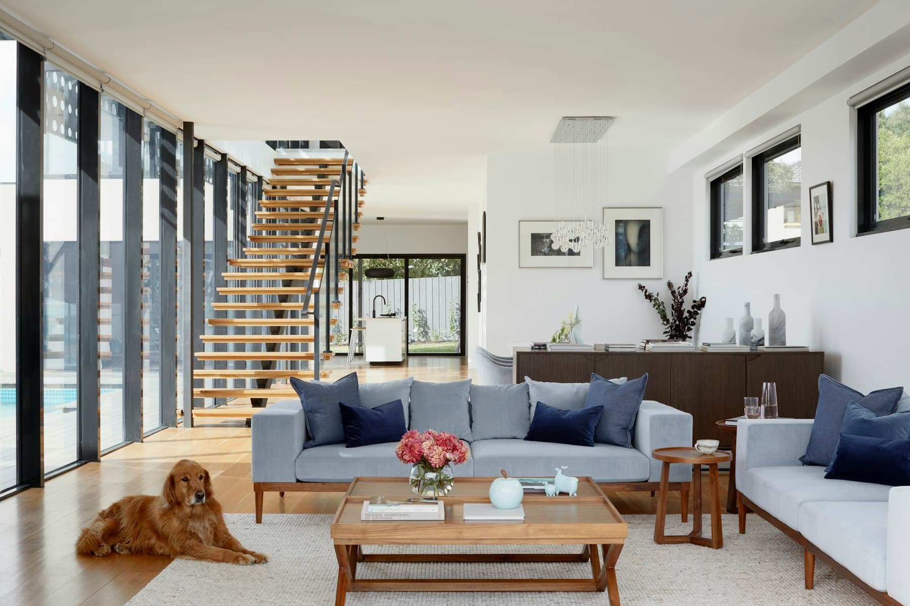 Architectural interior with sculptural furniture and precise detailing